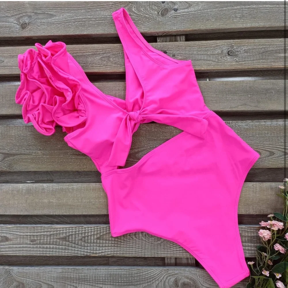 Barbie Hot Pink Ruffled Cut-Out Plunging Swimsuit